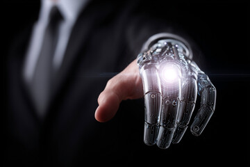 A man in a suit is pointing at something with a robotic hand