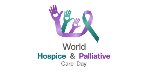World Hospice and Palliative Care Day. Ribbon and hand. Suitable for posters, banners and social media. White background.