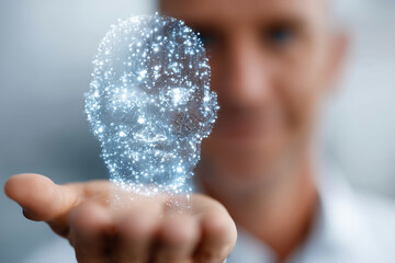 A man is holding a computer chip that looks like a face