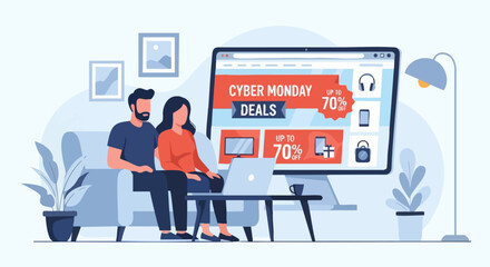 A Couple Shopping Online for Cyber Monday Deals on a Laptop and a Large Monitor