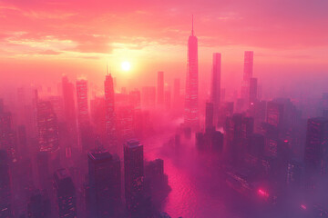 Fototapeta premium Pink sunset over cityscape.