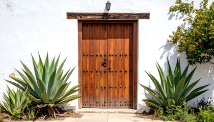 Wooden door on a whitewashed wall with agave plants