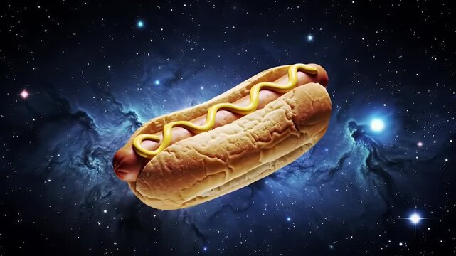 Floating Hotdog with Yellow Mustard Against Starry Dark Blue Nebula
