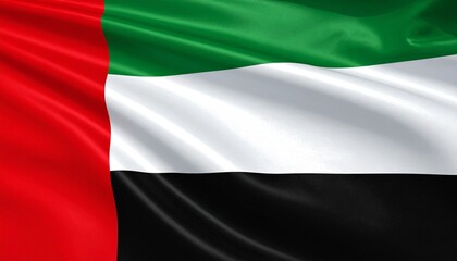 United Arab Emirates national flag waving in the wind with clear blue sky and white clouds background.