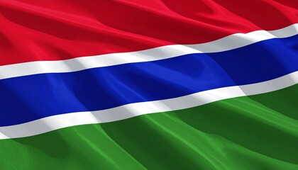 Naklejka premium Thai national flag waving in the wind against a bright blue sky with white clouds and green hills.