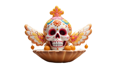 Colorful sugar skull with wings atop a bowl, surrounded by marigold flowers, celebrating Day of the Dead traditions