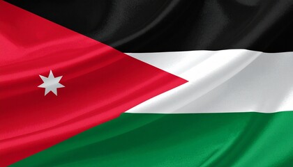 Jordan national flag waving in the wind, showcasing its red, white, black, and green colors with a seven-pointed star on red triangle.