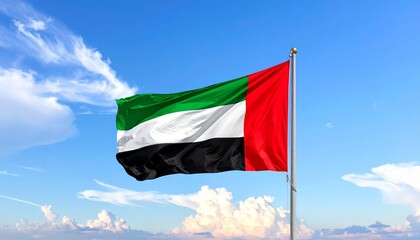 United Arab Emirates national flag waving in the wind with clear blue sky and white clouds background.