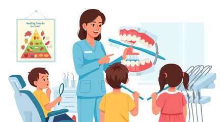 Female Dentist Teaching Children About Oral Hygiene and Healthy Teeth