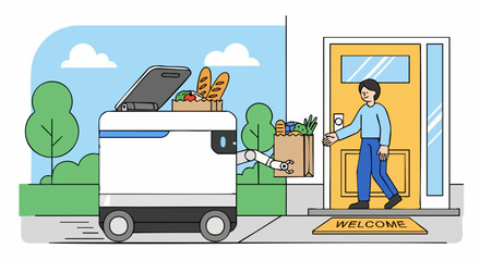 Autonomous Delivery Robot Delivering Groceries to a Man at His Home