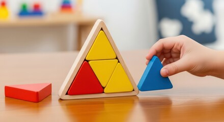 Child's hand placing blue triangle into wooden puzzle with red and yellow pieces