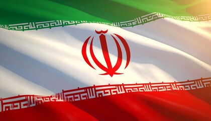 Close-up of Iranian national flag showing detailed red emblem and decorative green and red border patterns on white background.