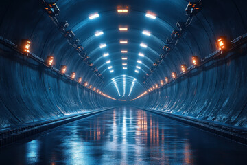 Glowing lights reflect in water inside tunnel.