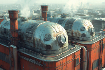 Naklejka premium Smoke billows from factory chimneys.