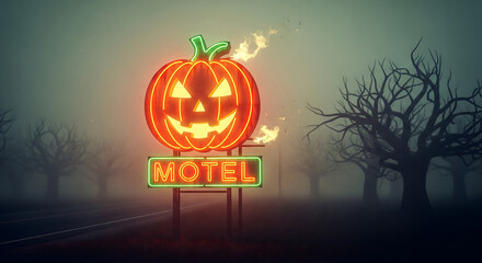 Spooky neon jack-o'-lantern motel sign beckons travelers on a foggy, deserted road amidst bare, silhouetted trees