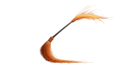 A long-handled broomstick topped with a feather, representing witchcraft and adding to Halloween's mystical atmosphere