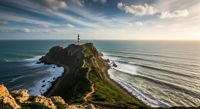 Nugget Point Lighthouse Overlooking the Pacific Ocean.