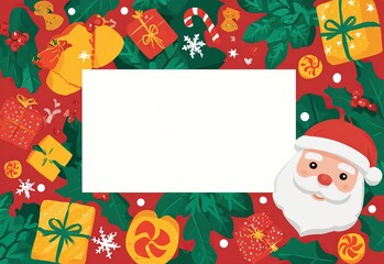 Fototapeta premium Christmas card with a blank white rectangle in the center, surrounded by christmas decorations: gifts and ribbons, holly leaves, snowflakes, candy canes, and the face of santa claus. 