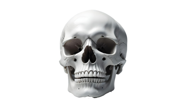 A stark human skull against a transparent backdrop, symbolizing the eerie spirit of Halloween and the mystical