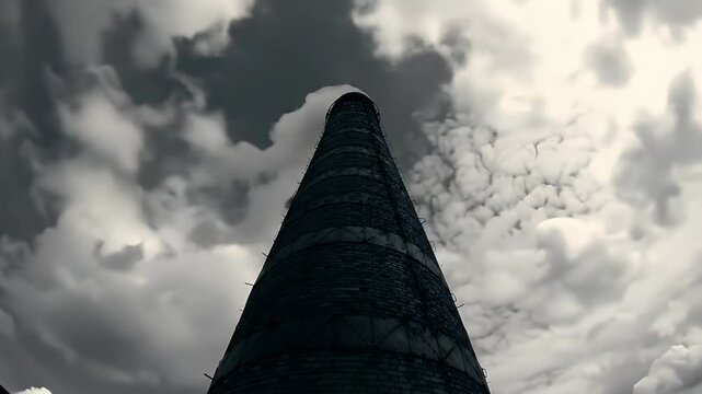 Monochrome Cone Shaped Tower Against Cloudy Sky Worms Eye View