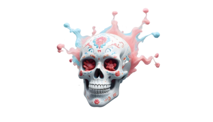 Decorative sugar skull with bright colors and designs, celebrating Day of the Dead, accompanied by marigold blooms