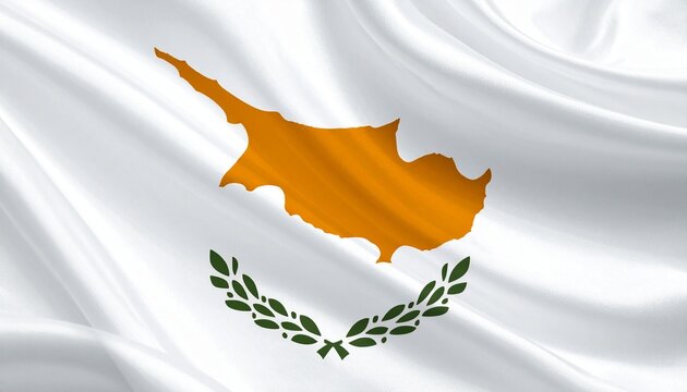 Cyprus national flag waving in the wind with colorful flowers and blue sky background.