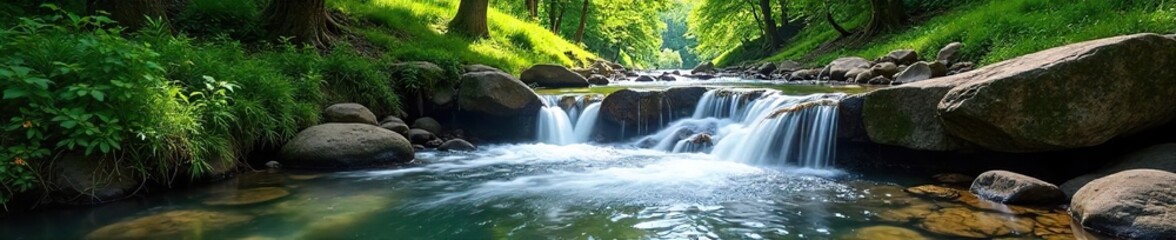 Fototapeta premium Sunlit Waterfall Cascading Down Verdant Hillside Tranquil Nature Scene of Crystal Clear Water, Lush Greenery, and Smooth Rocks