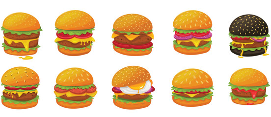 Burger vector set. Set of fast food illustration. Hamburger vector illustration. Fast Food Icons Set. Burger illustration. cheese burger illustration