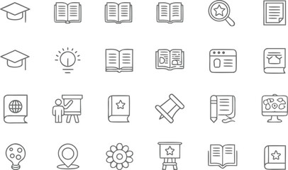 Education and Learning Line Icons – Books, Graduation, Ideas, Research, Online Learning, Presentations, and Academic Tools