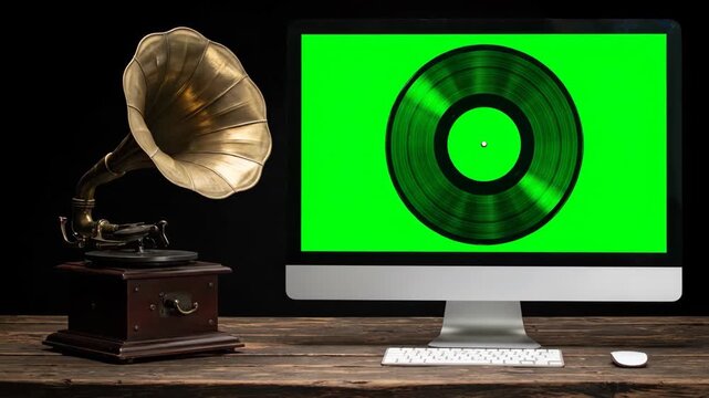 Vintage Gramophone and Modern Computer with a Spinning Vinyl Record on a Green Screen