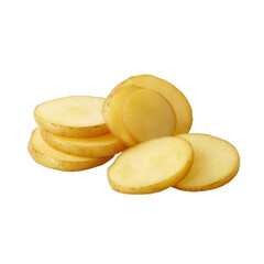 a photorealistic image of potato slices against a white background, with the potato and skin removed. the potatoes are depicted in their natural state, with visible details such as texture and color,