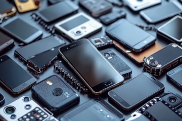 Fototapeta premium A collection of various smartphones and gadgets arranged on a surface for display and examination