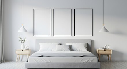 Neutral Bedroom with Gray Bed and Three Black Frame Mockups in Minimalist Style