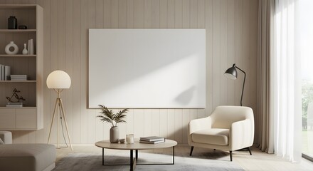 Neutral Living Room Interior with Blank White Canvas and Beige Armchair