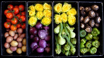 Colorful display of fresh produce in black containers.