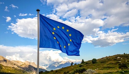 European Union flag waving in the wind with bright sunlight and cloudy blue sky.