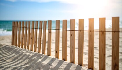 Wooden fence on a sandy beach.  Sunlight on the sea