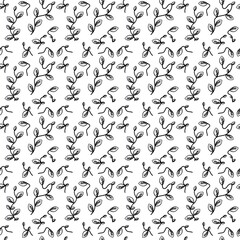 Seamless pattern showcasing detailed leafy branches illustrated in thin black line art, forming a structured and elegant repetition. The design is stylish and natural, great for fabrics, wallpapers, 