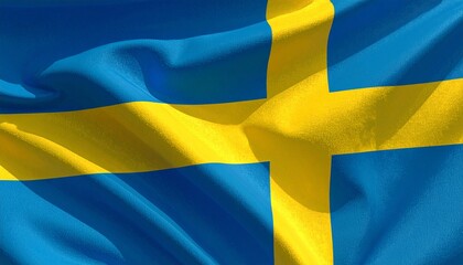 Close-up of the Swedish national flag with yellow cross on blue fabric waving in the wind.