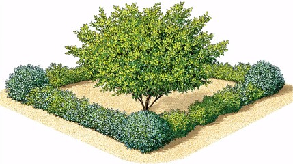 close-up illustration of an older, established tree within a large, well-integrated crescent embankment, showcasing the long-term success and resilience of this planting technique in a harsh 