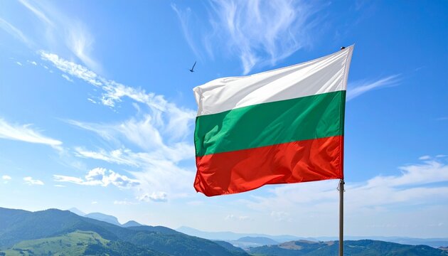 Bulgarian national flag waving on a windy day over scenic mountain landscape. - Powered by Adobe
