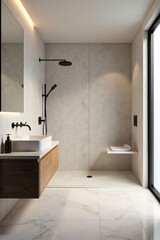 Sleek minimalist bathroom with floating vanity, rainfall shower, and large format tiles Modern design, clean lines, and luxurious fixtures create a spa-like atmosphere , spacious, zen, faucet