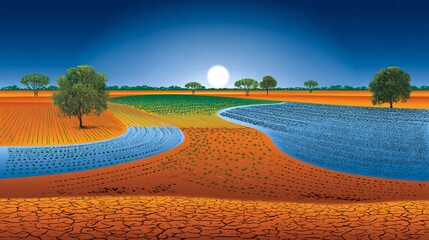 desert landscape with earth-toned colors showing spaced crescent embankments with visible soil layers and growing plants. desert farming stylized art crescent landform soil texture rain retention 