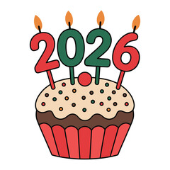 Festive cupcake with candles spelling out the year 2026 for new year celebrations