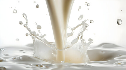 Close up action of milk pouring into transparent glass with splashing effect