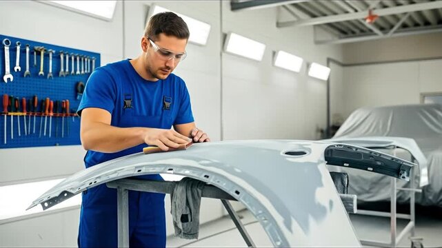 A person in blue workwear and safety glasses meticulously sands a light grey car body part with a sanding block in a welllit workshop Tools hang on a blue pegboard