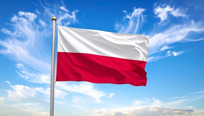Waving Poland Flag with White and Red Horizontal Stripes Under Sunny Sky