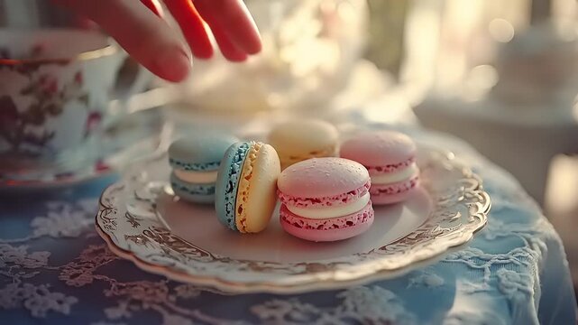Elegant pastel macarons on a vintage plate alongside a delicate floral teacup display