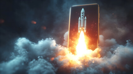 Futuristic rocket launch from smartphone screen concept for innovative technology design