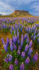 Obraz premium Field of purple lupine flowers with a mesa in the background